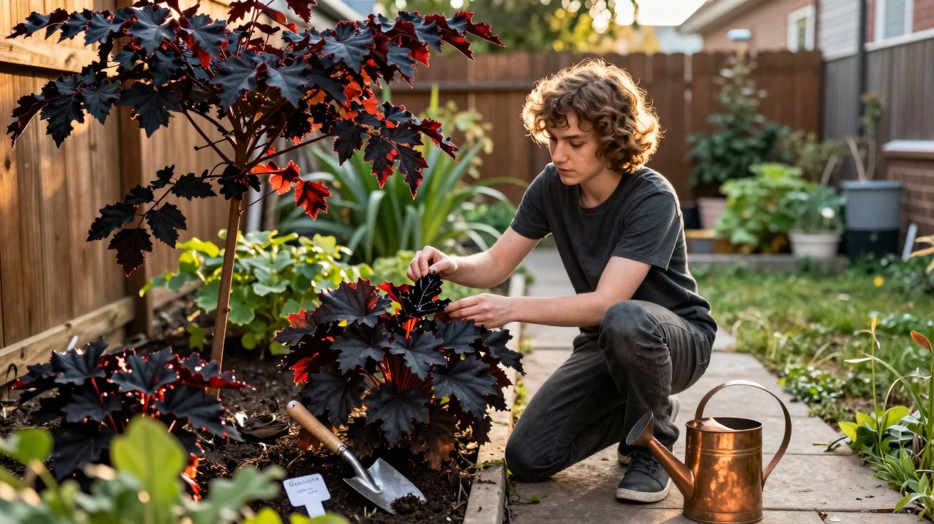 Jovem cuidando de plantas com folhas escuras em jardim residencial ao entardecer.