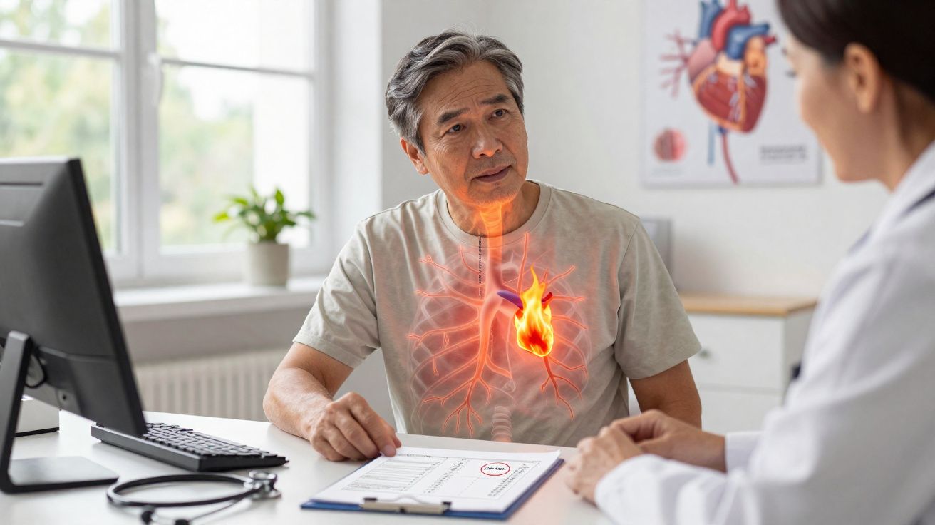 Homem conversando com médica, com imagem digital de coração inflamado sobre o peito.