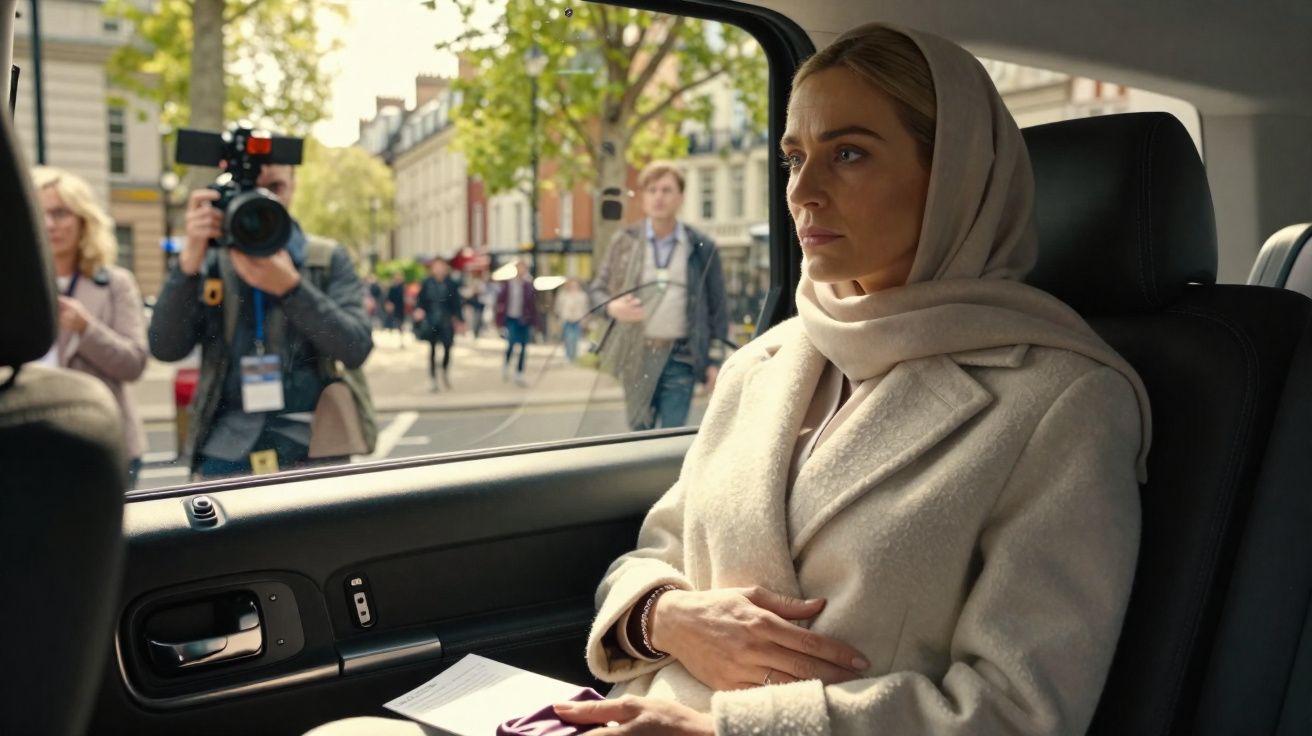Mulher de casaco e lenço na cabeça sentada em carro, olhando pela janela enquanto fotógrafo tira foto na rua.