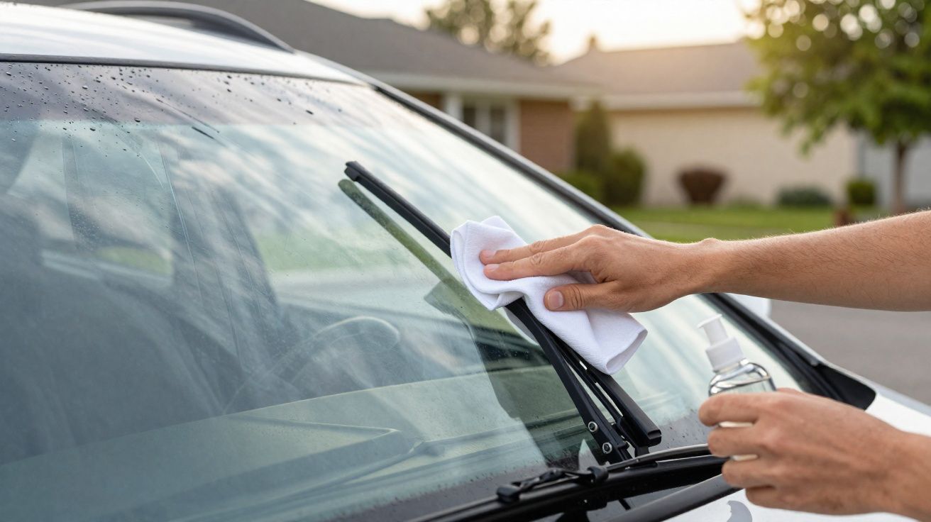 Pessoa limpando o para-brisa de um carro branco com pano e borrifador em área residencial.