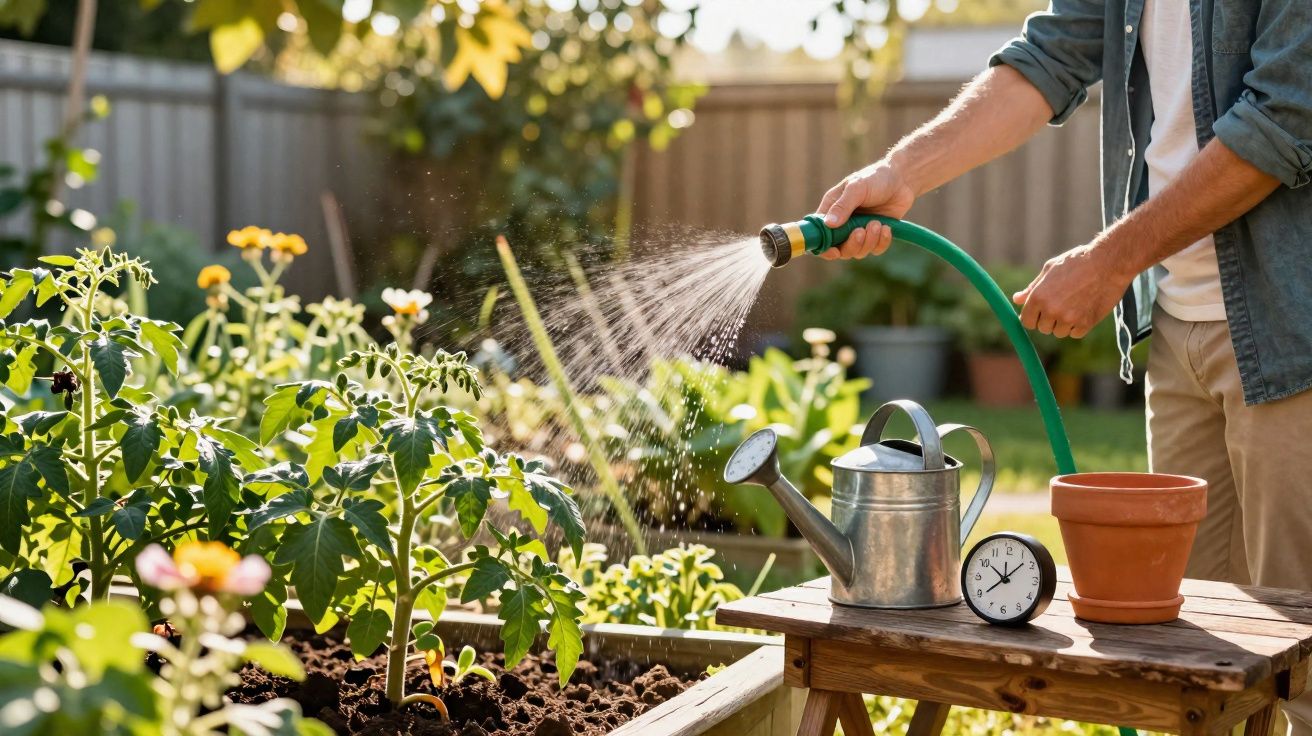 Pessoa regando plantas em jardim com regador, mangueira, vaso e relógio sobre mesa de madeira.