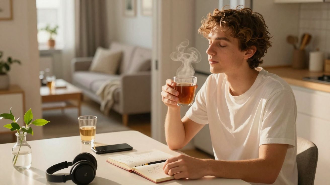 Jovem sentado à mesa, apreciando uma xícara de chá quente em ambiente iluminado e aconchegante.