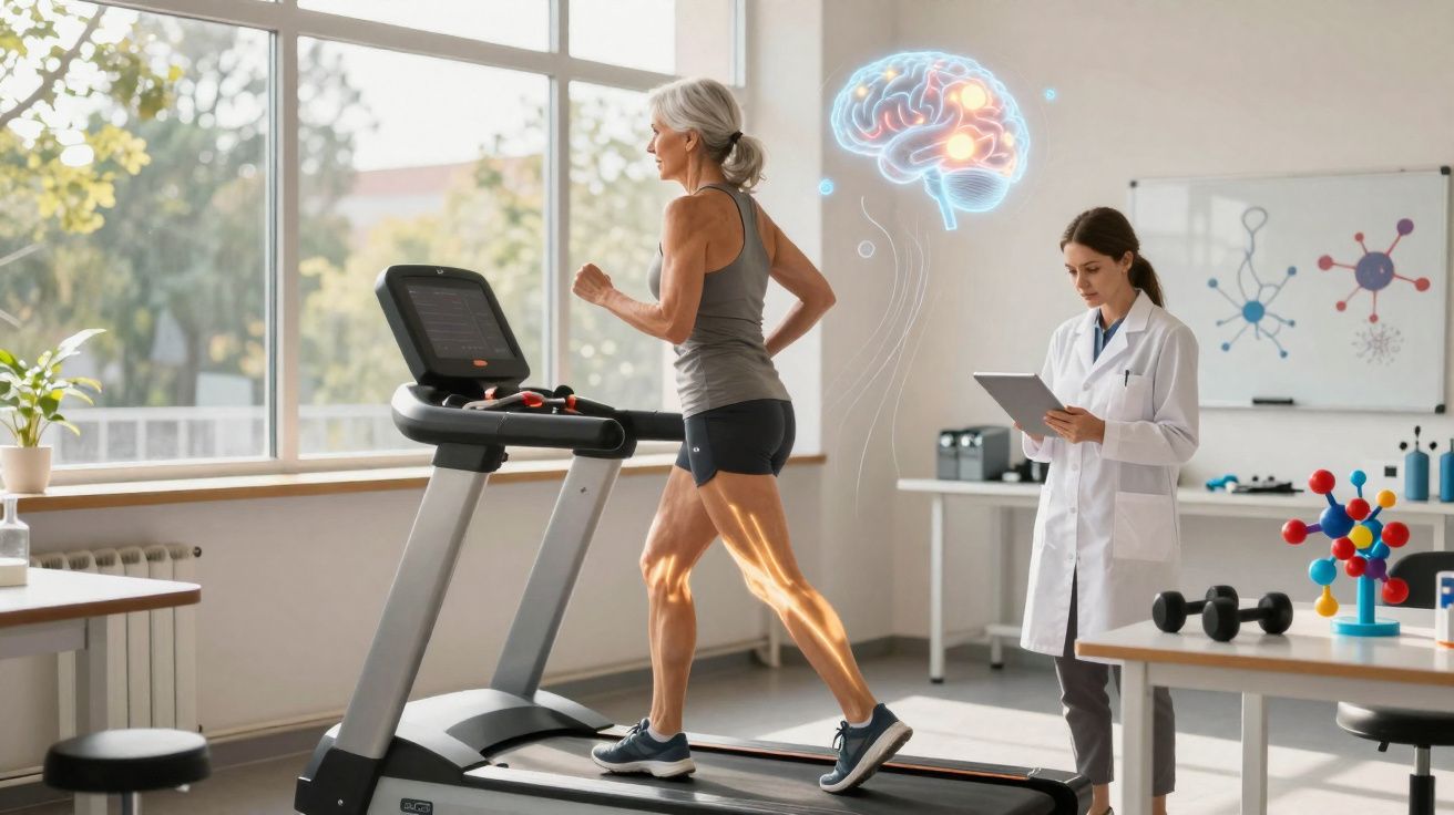 Mulher idosa correndo na esteira enquanto médica observa dados em tablet em laboratório iluminado.