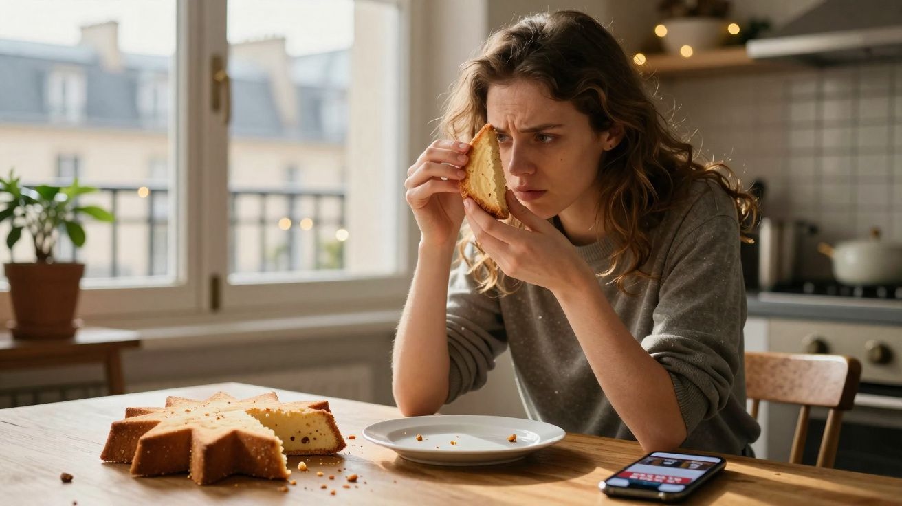 Mulher olhando atentamente uma fatia de bolo em formato de estrela na cozinha, sentada à mesa.