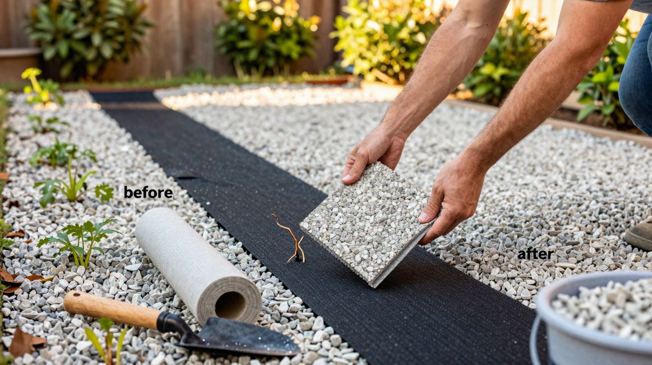 Pessoa instalando piso de pedra sobre manta preta em jardim com plantas e pá ao lado.
