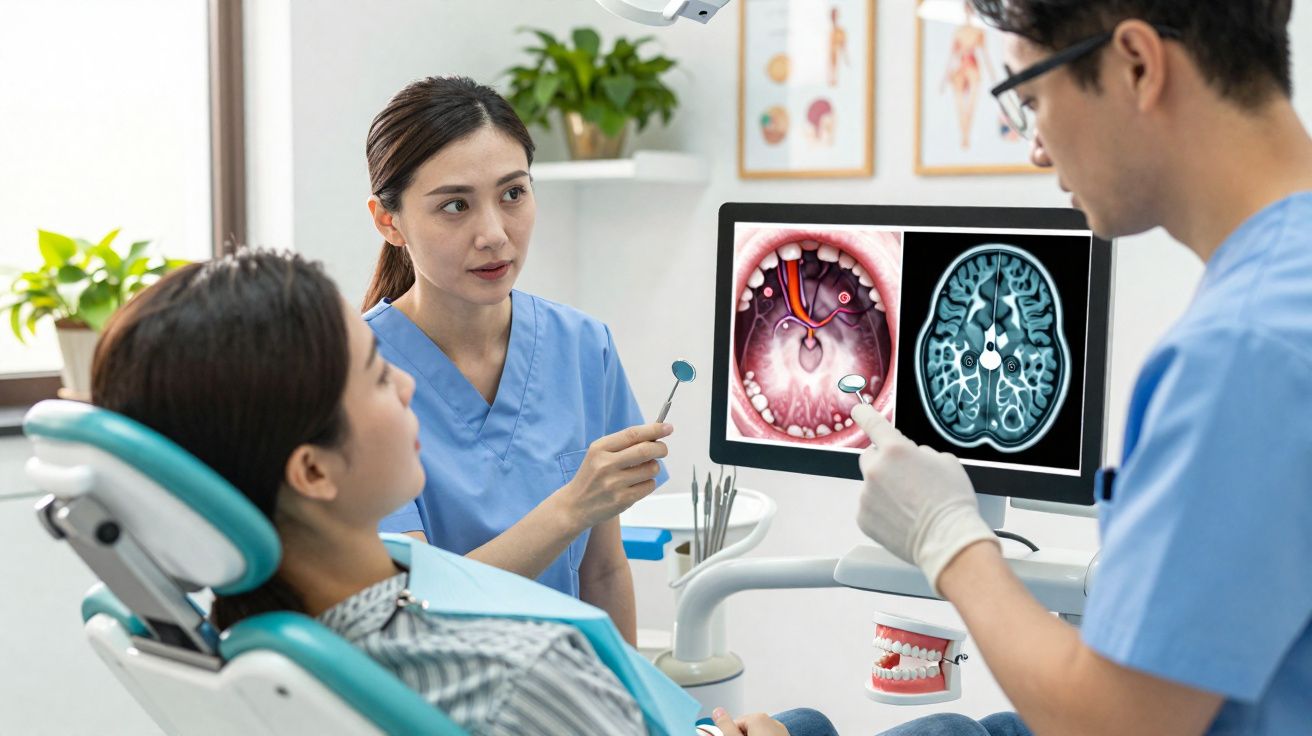 Dentistas explicam exame bucal e cerebral para paciente na clínica odontológica moderna.