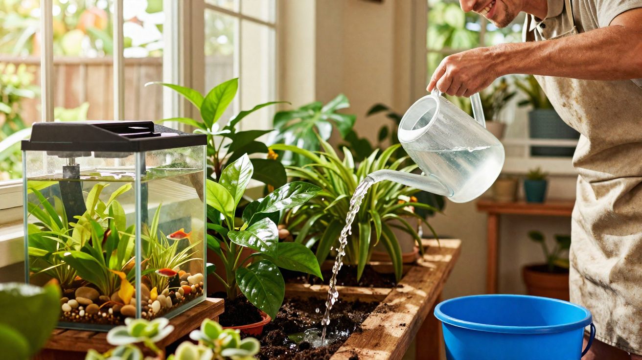 Homem regando plantas ao lado de aquário em ambiente interno iluminado por janela.