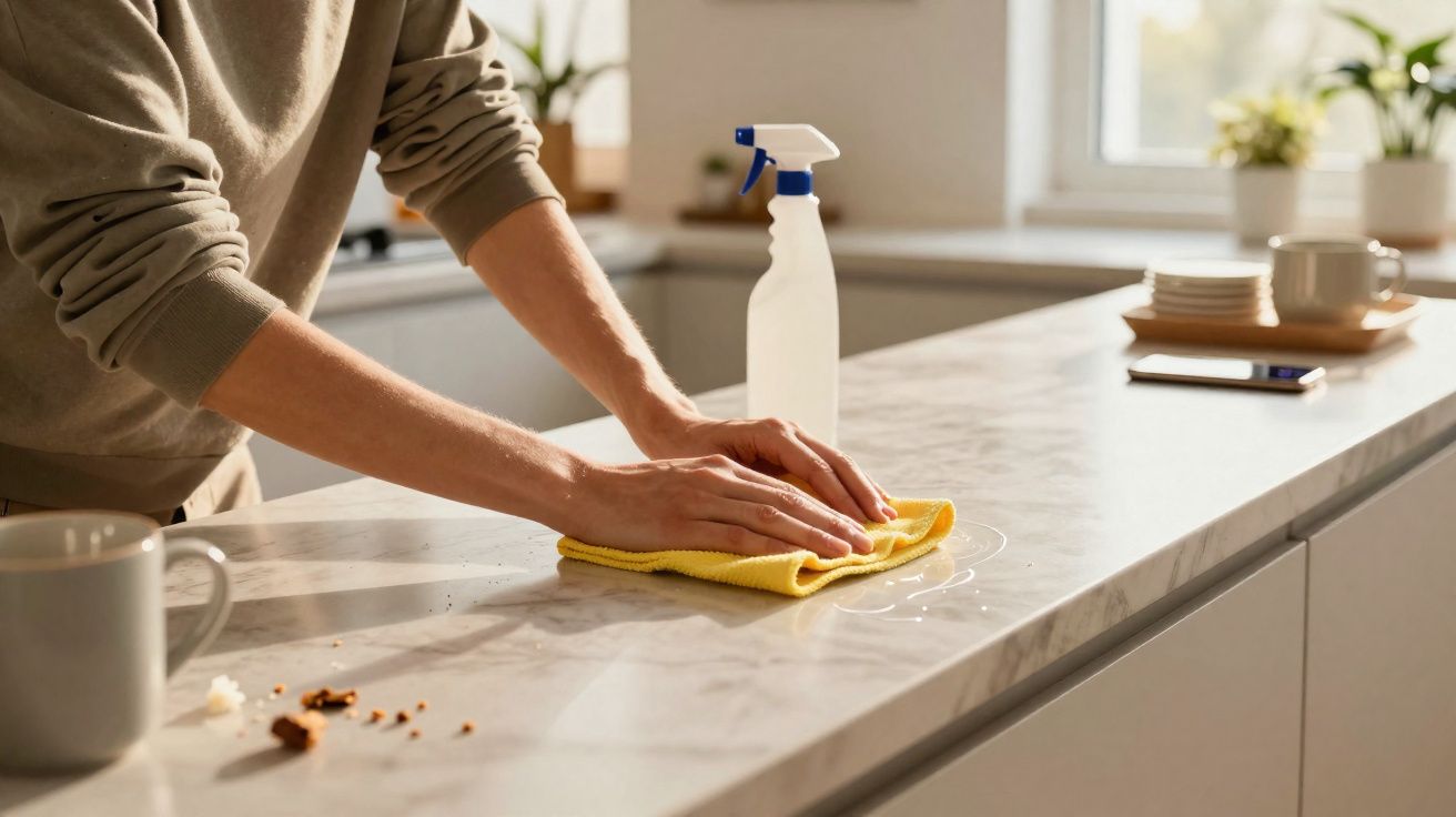 Pessoa limpando bancadas de cozinha com pano amarelo e borrifador branco ao lado.