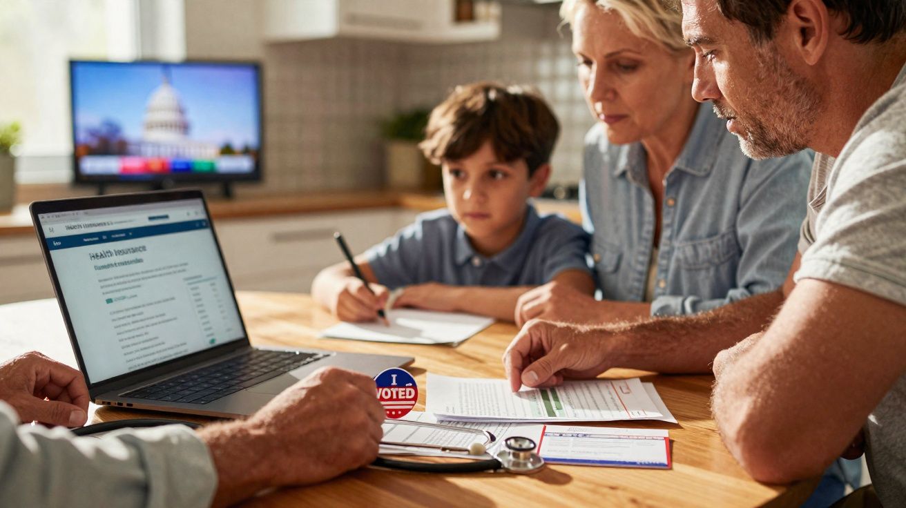 Família reunida em mesa com documentos e laptop, aparentando consulta médica e votação.