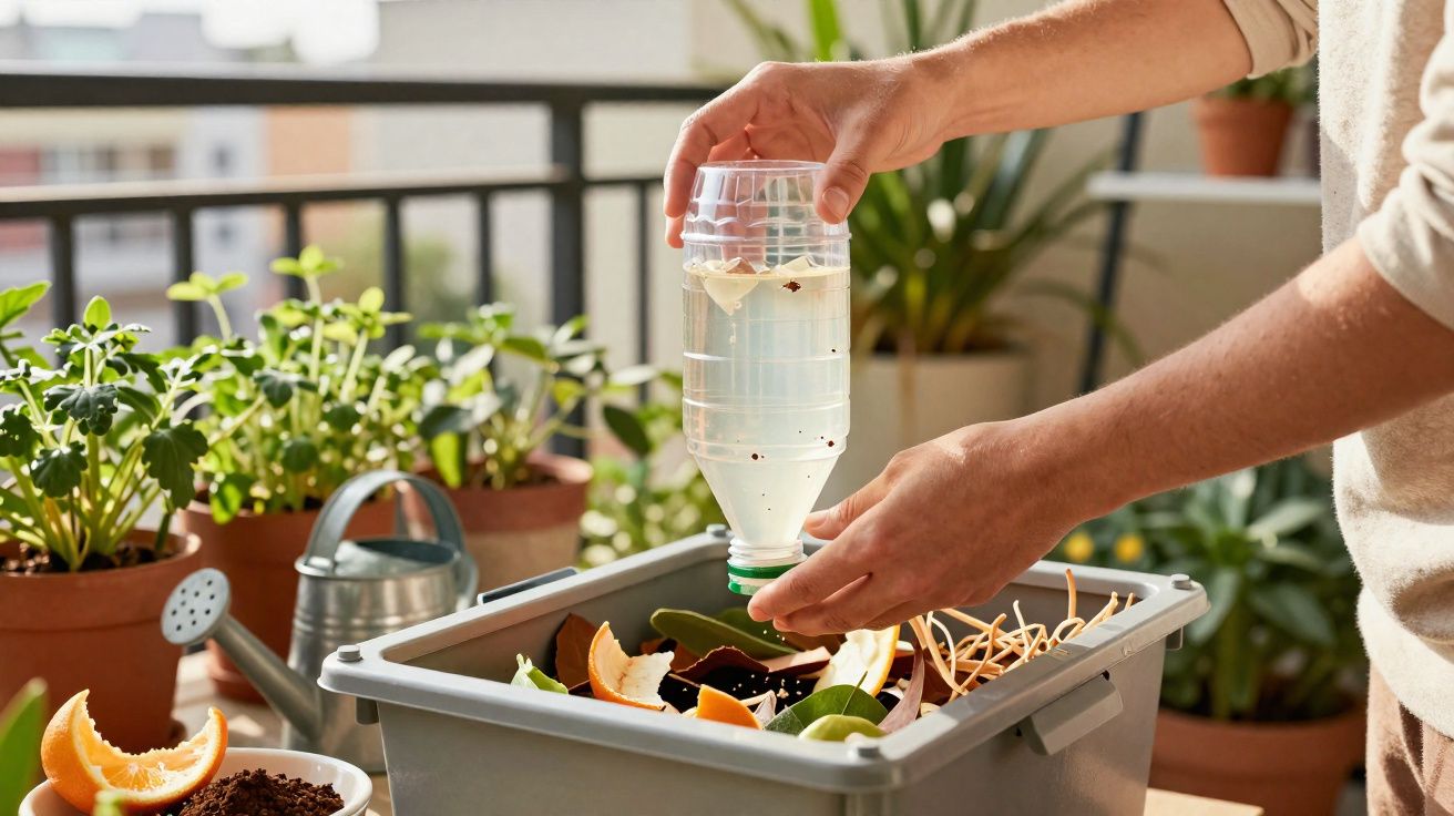 Pessoa colocando garrafa plástica invertida em composteira caseira com restos orgânicos ao ar livre.