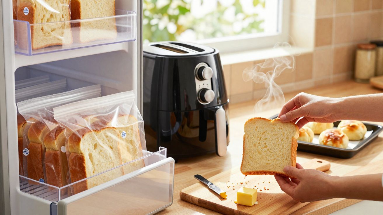Mãos segurando fatia de pão quente defumado perto de forno elétrico, manteiga e pão embalado na geladeira.