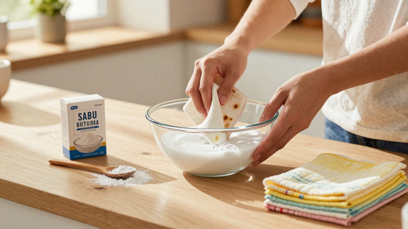 Pessoa mergulha pano em tigela com água e sabão butundá sobre bancada de madeira.