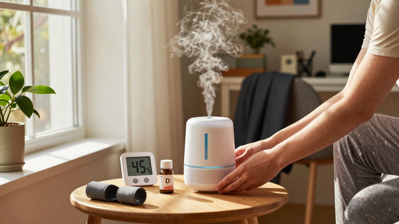 Mão ajustando um umidificador branco liberando vapor em uma mesa com umidímetro e frasco de vitaminas.