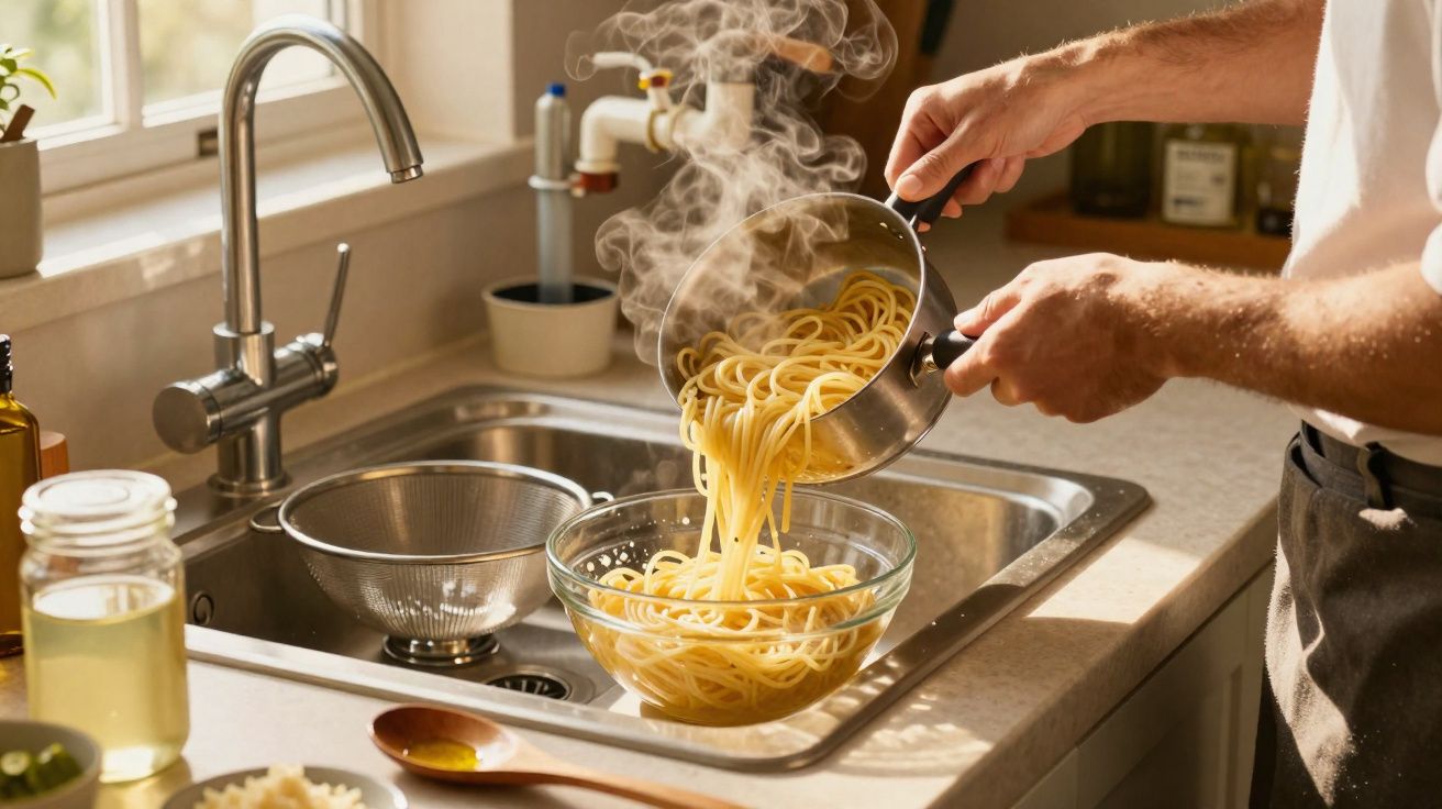 Pessoa despejando macarrão quente de panela para tigela de vidro na pia da cozinha iluminada pela luz natural