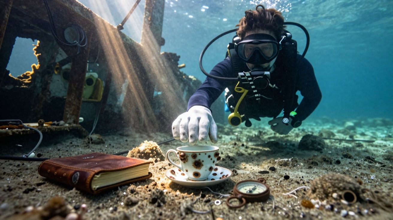 Mergulhador explorando o fundo do mar próximo a um livro, uma bússola e uma xícara com pires antigos.