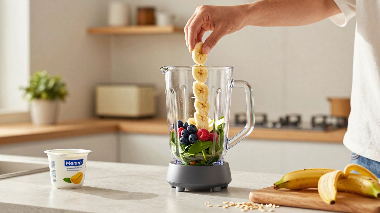 Pessoa colocando fatias de banana em liquidificador com frutas e folhas verdes para smoothie.