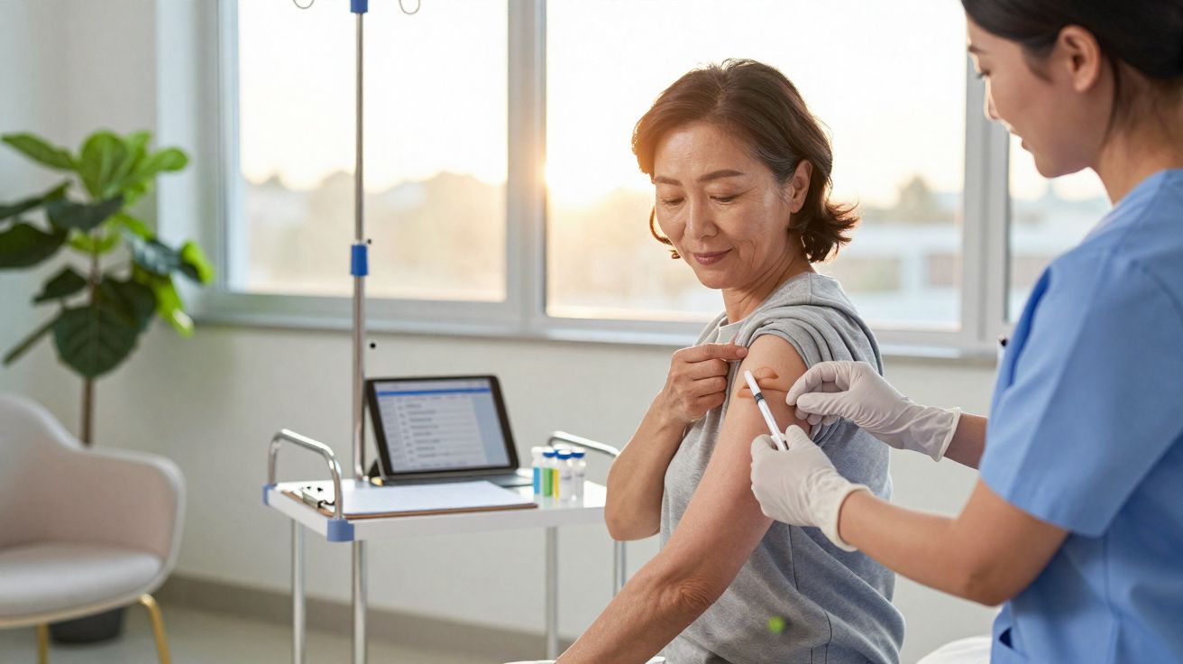 Mulher recebendo vacina no braço aplicada por profissional de saúde com luvas em clínica iluminada.