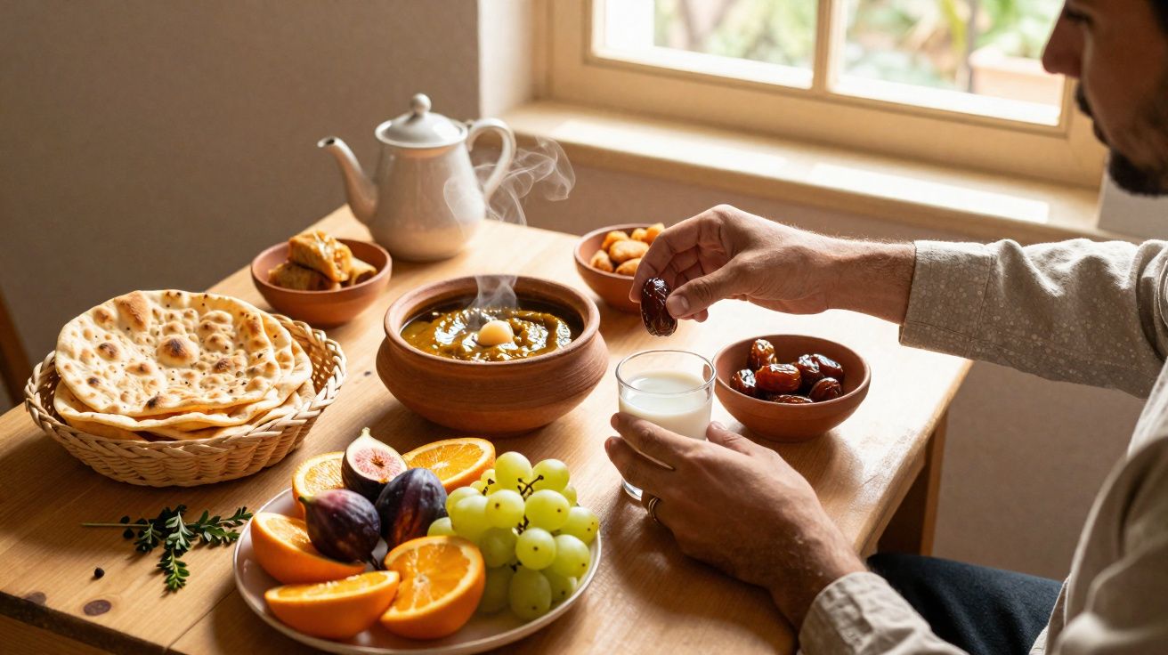 Pessoa segurando tâmara e copo de leite em mesa com frutas, pão e prato quente ao lado de janela.