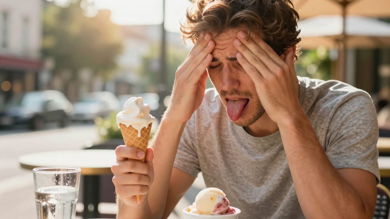 Homem segurando sorvete no cone com expressão de desconforto por causa de dor de cabeça ou frio na boca.