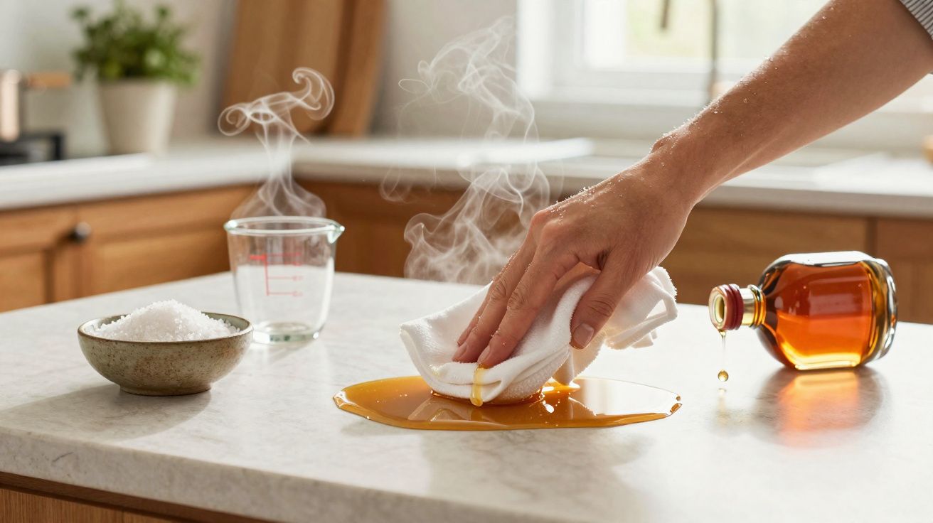Pessoa limpando xarope derramado em bancada de cozinha com pano branco, ao lado de tigela de sal e copo com água quente.
