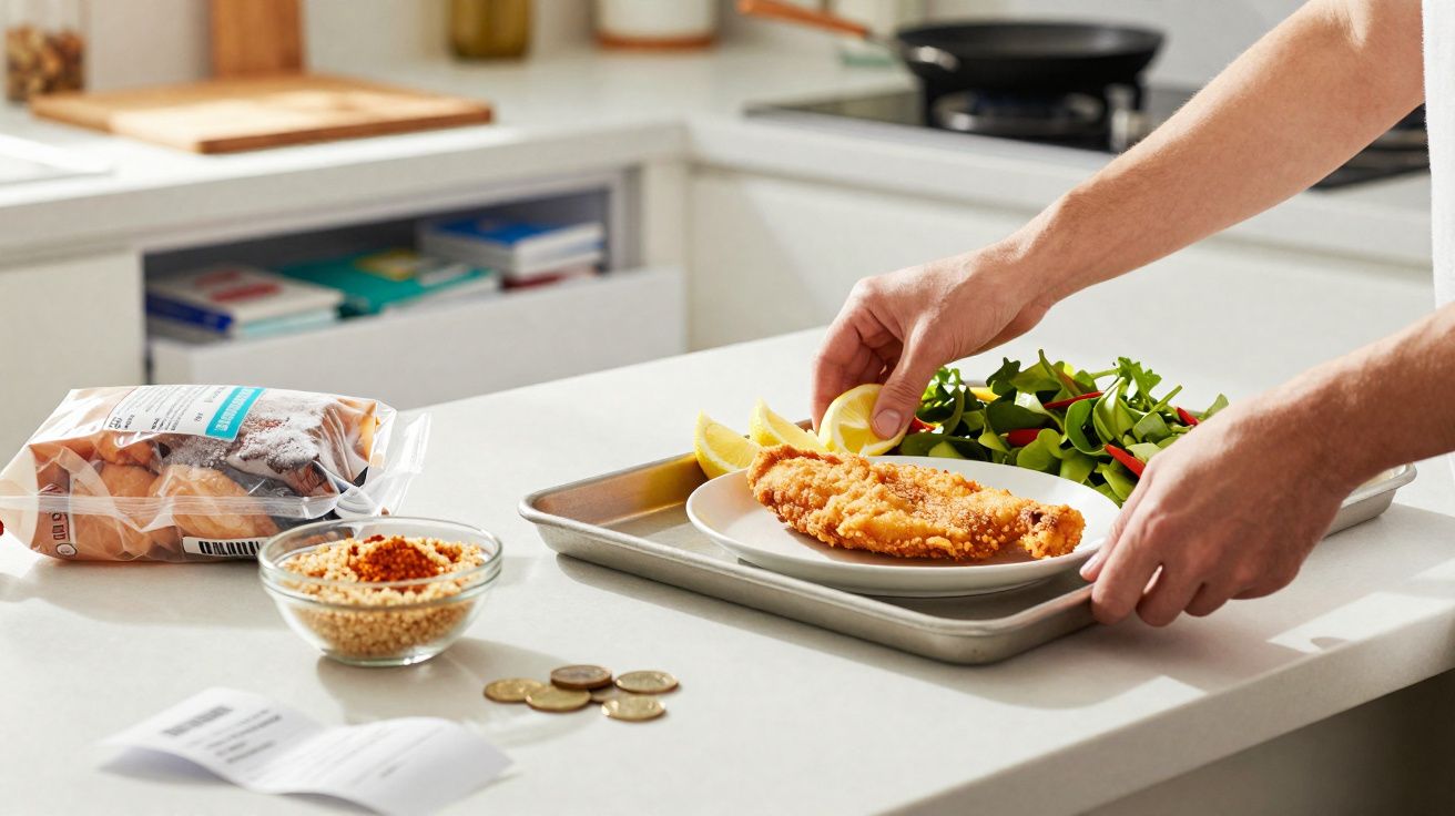 Mãos arrumando prato com filé empanado, limão e salada em bandeja na cozinha com moedas e alimentos ao fundo.