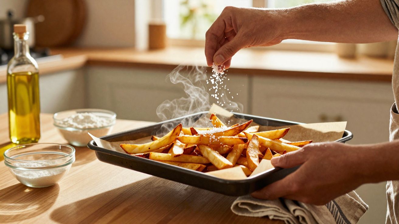 Mãos polvilhando sal em batatas fritas quentes em uma assadeira na cozinha iluminada.