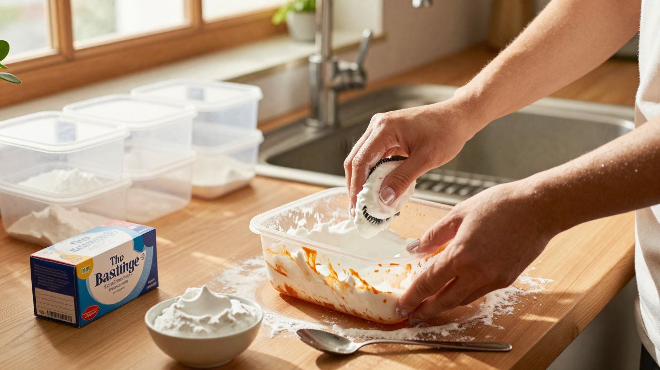 Pessoa usando creme vegetal para bater creme em tigela plástica na cozinha iluminada por luz natural.