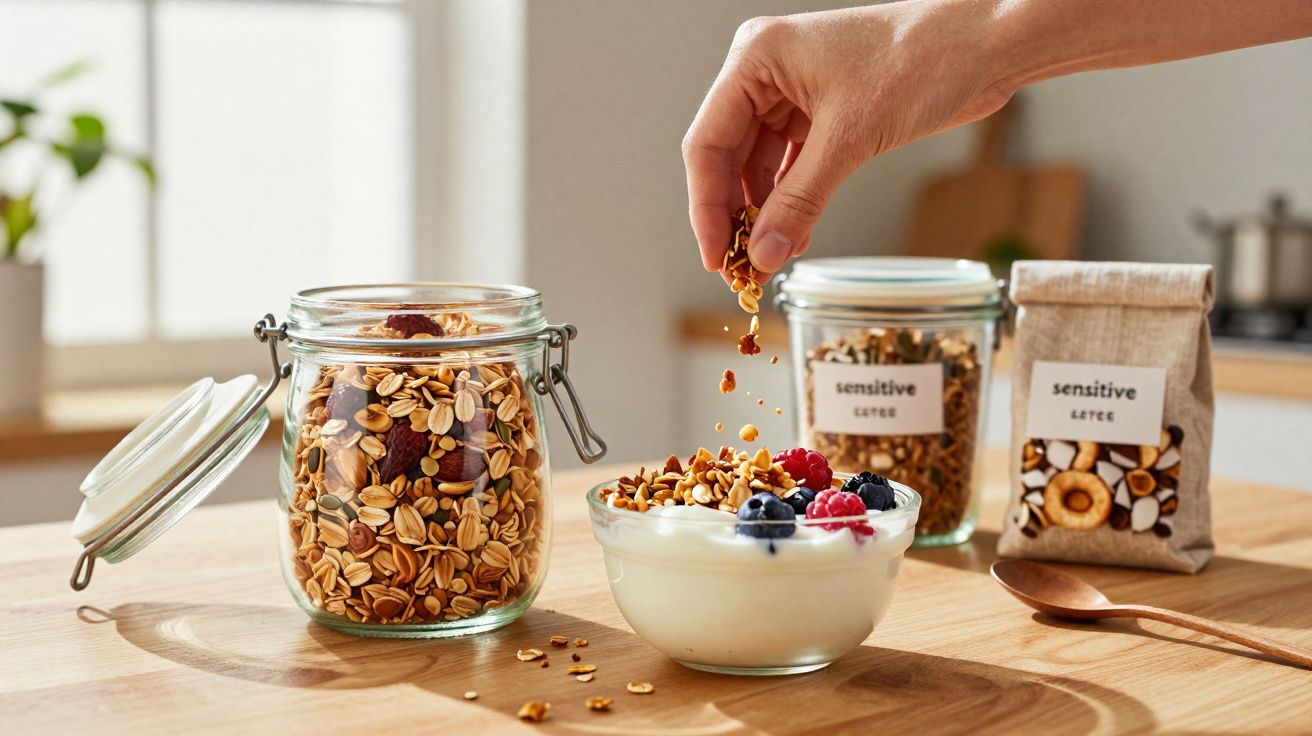 Mão colocando granola em tigela de iogurte com frutas, ao lado de potes e embalagem de granola sobre mesa.