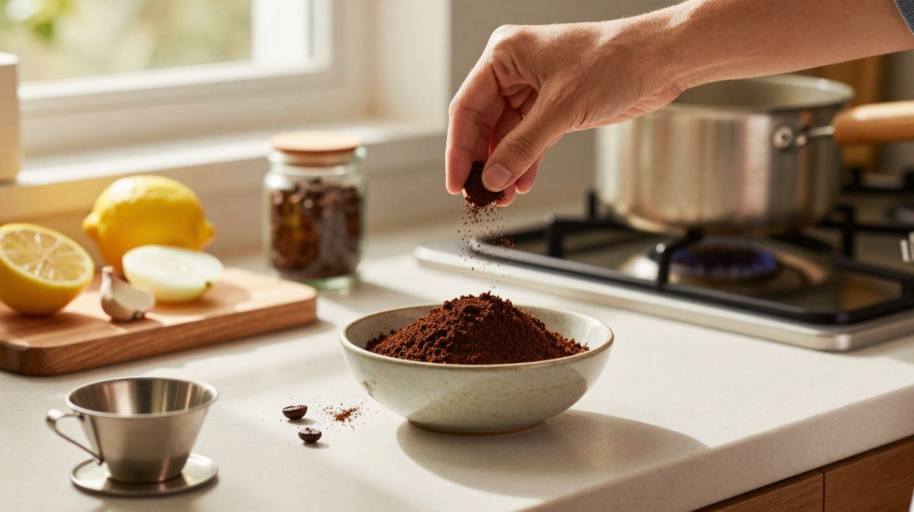 Mão derramando café moído em pó em uma tigela sobre a bancada da cozinha com ingredientes ao fundo.