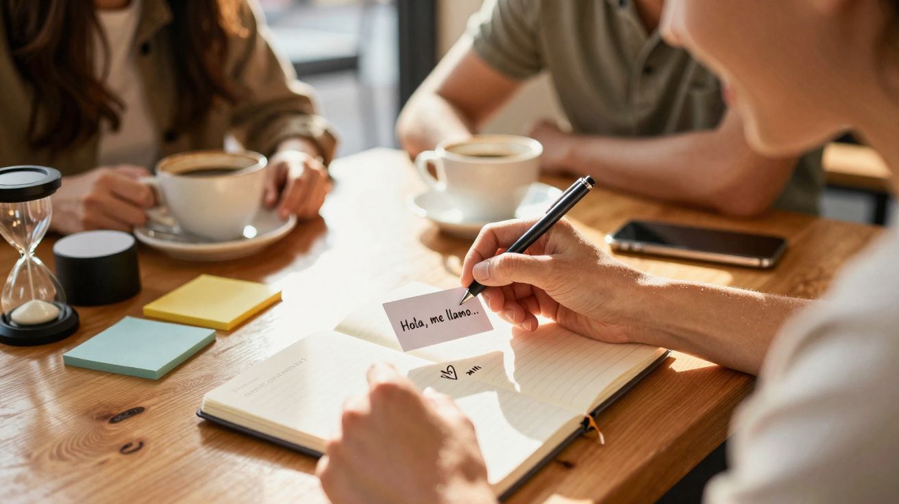 Pessoa escrevendo em papel com café e caderno sobre mesa de madeira em ambiente de reunião informal.