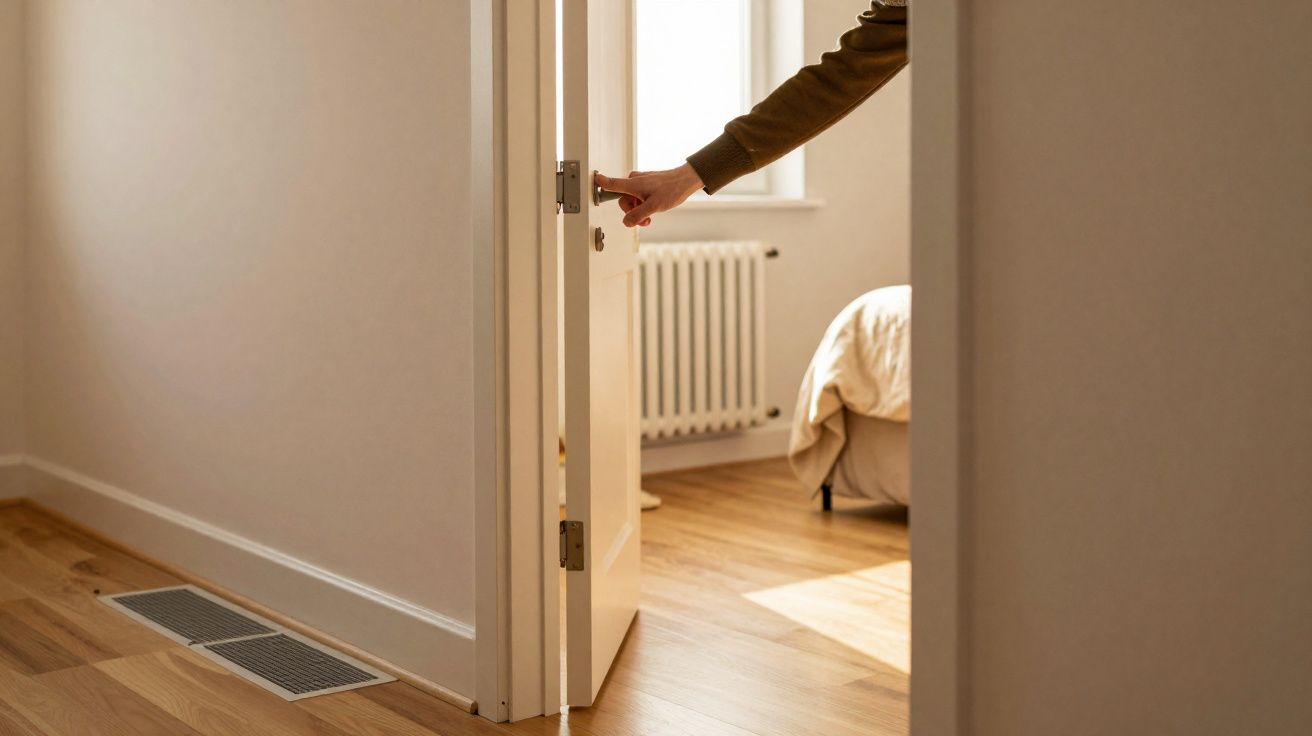Mão abriendo puerta blanca que da acceso a un dormitorio con cama y calefactor junto a la ventana.