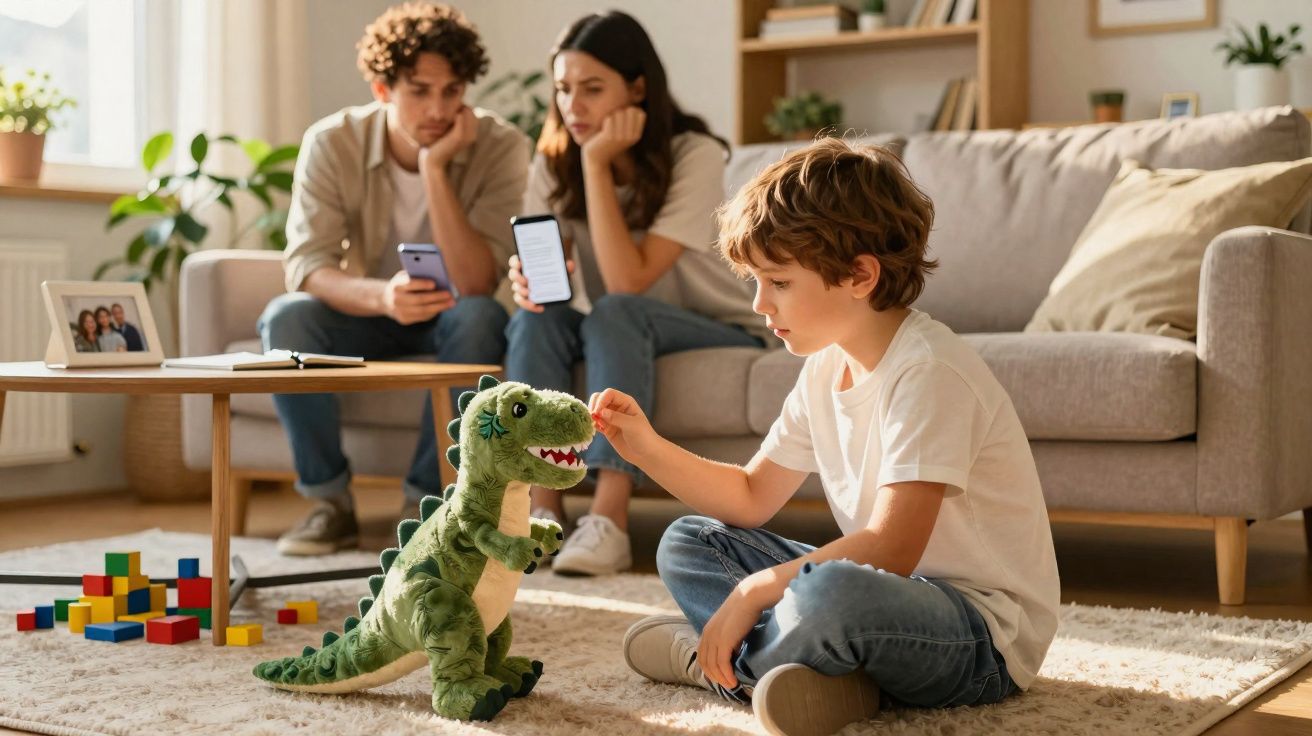 Criança brinca com dinossauro de pelúcia enquanto pais sentam no sofá olhando para celulares.