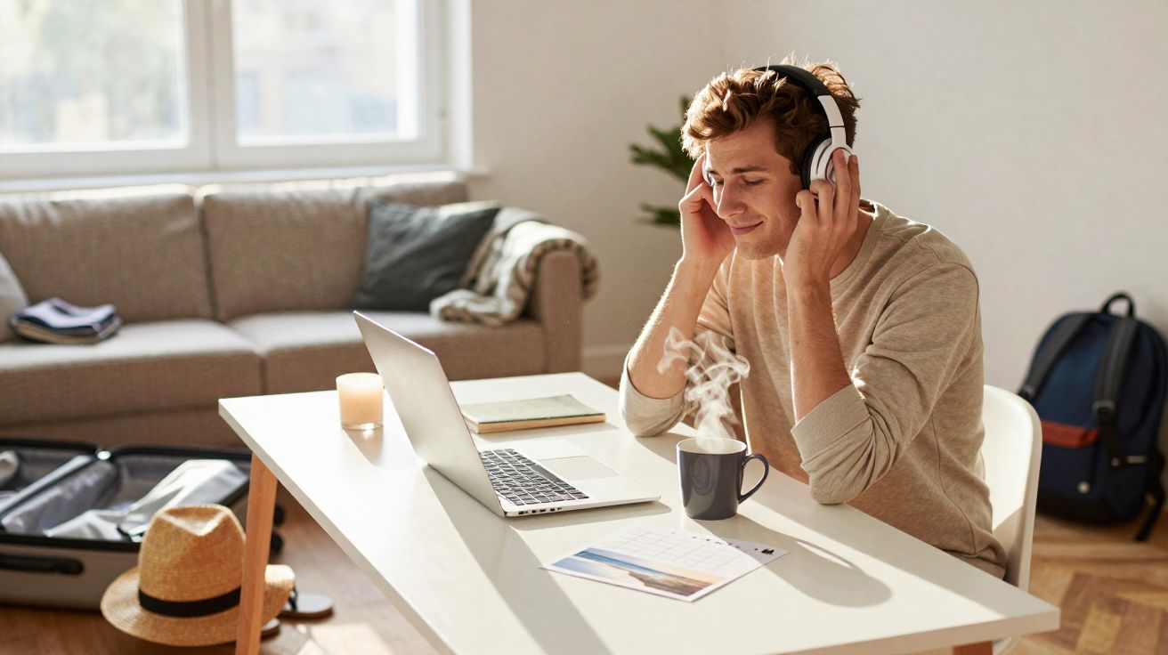 Homem sorridente usando fones de ouvido enquanto trabalha em laptop com café e documentos na mesa branca.