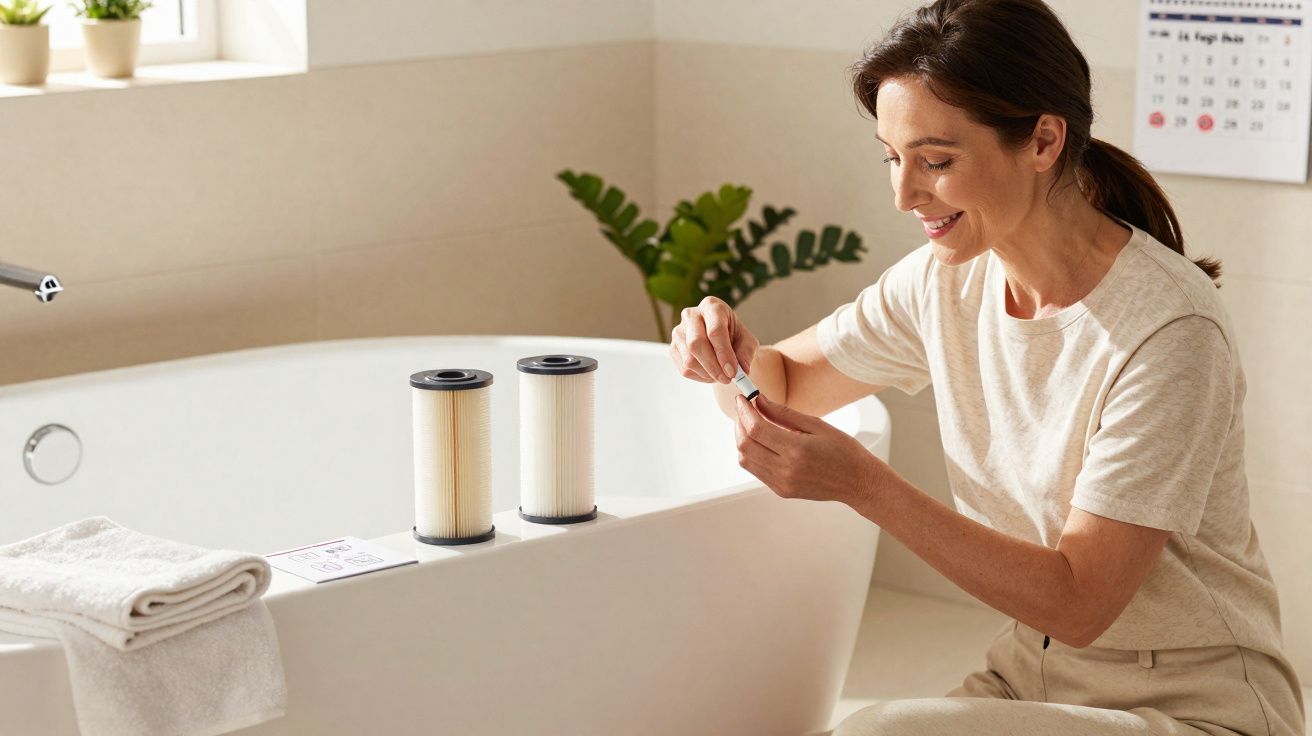 Mulher sorrindo instala filtro em banheira branca em banheiro claro e organizado.