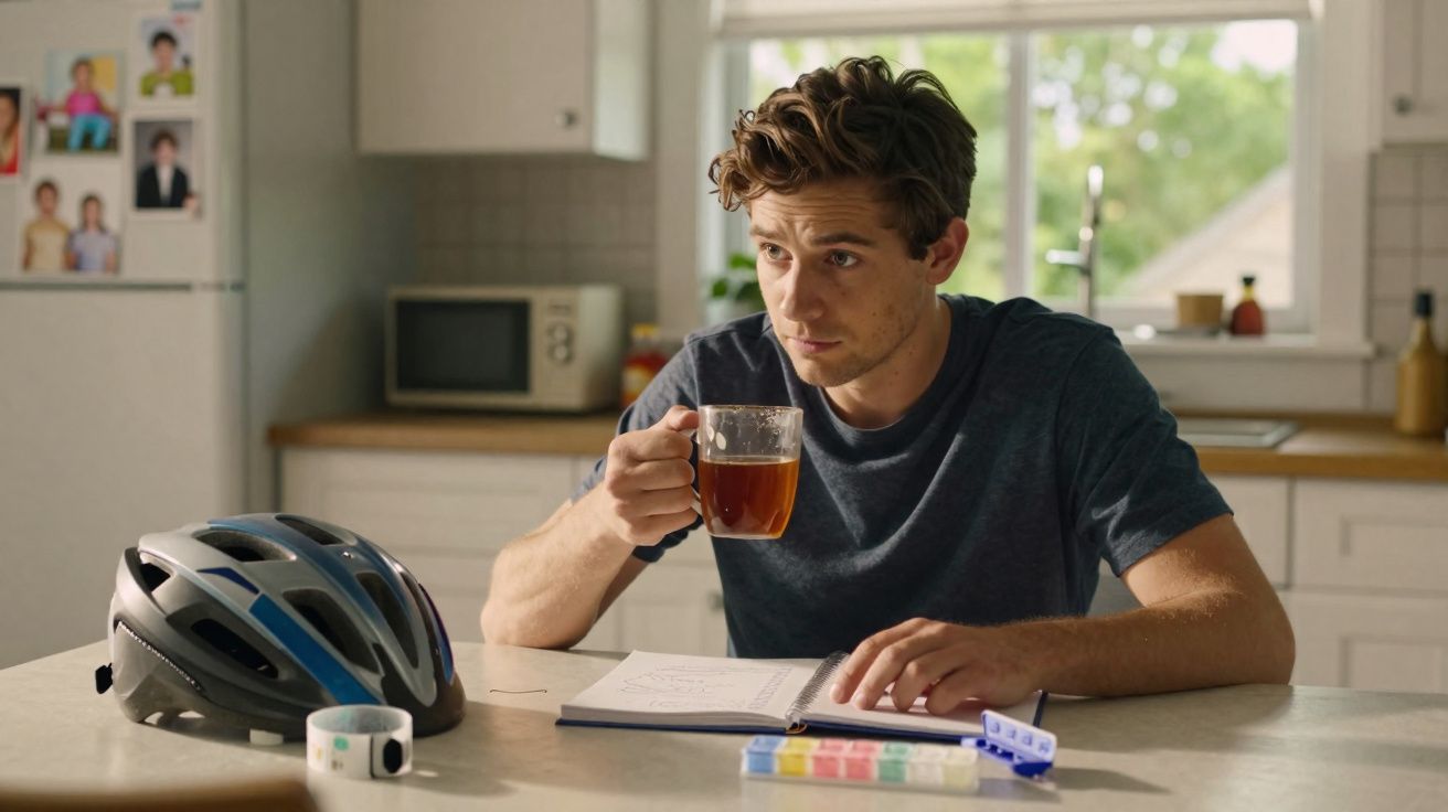 Homem jovem tomando chá e lendo livro na cozinha, com capacete e organizador de remédios sobre a mesa.