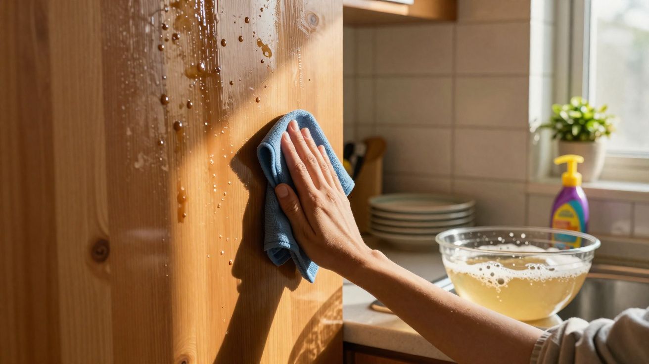 Pessoa limpando móvel de madeira com pano azul em cozinha iluminada pela luz do dia.