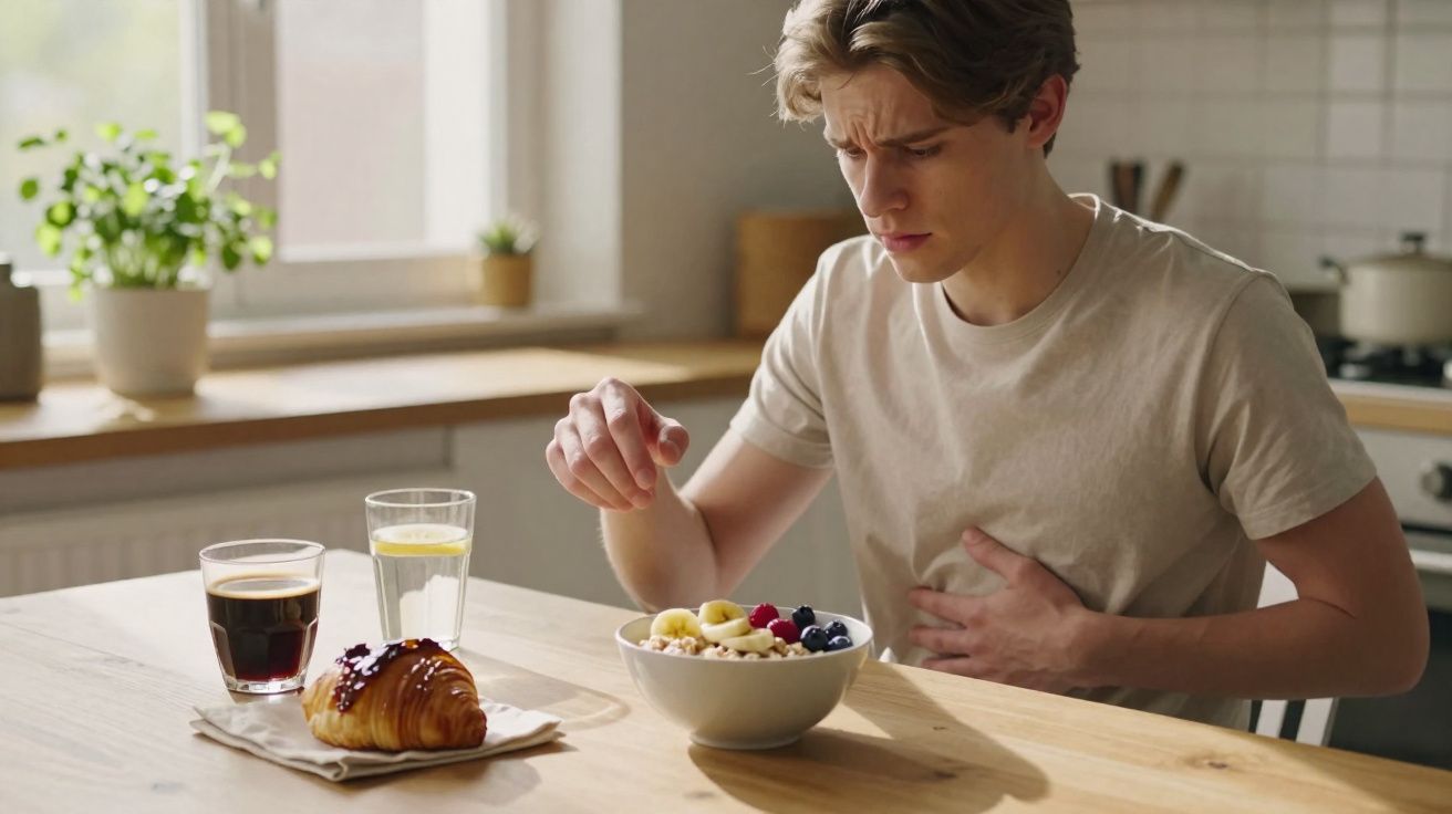 Jovem sentado à mesa com expressão de desconforto, segurando o estômago em cozinha iluminada.