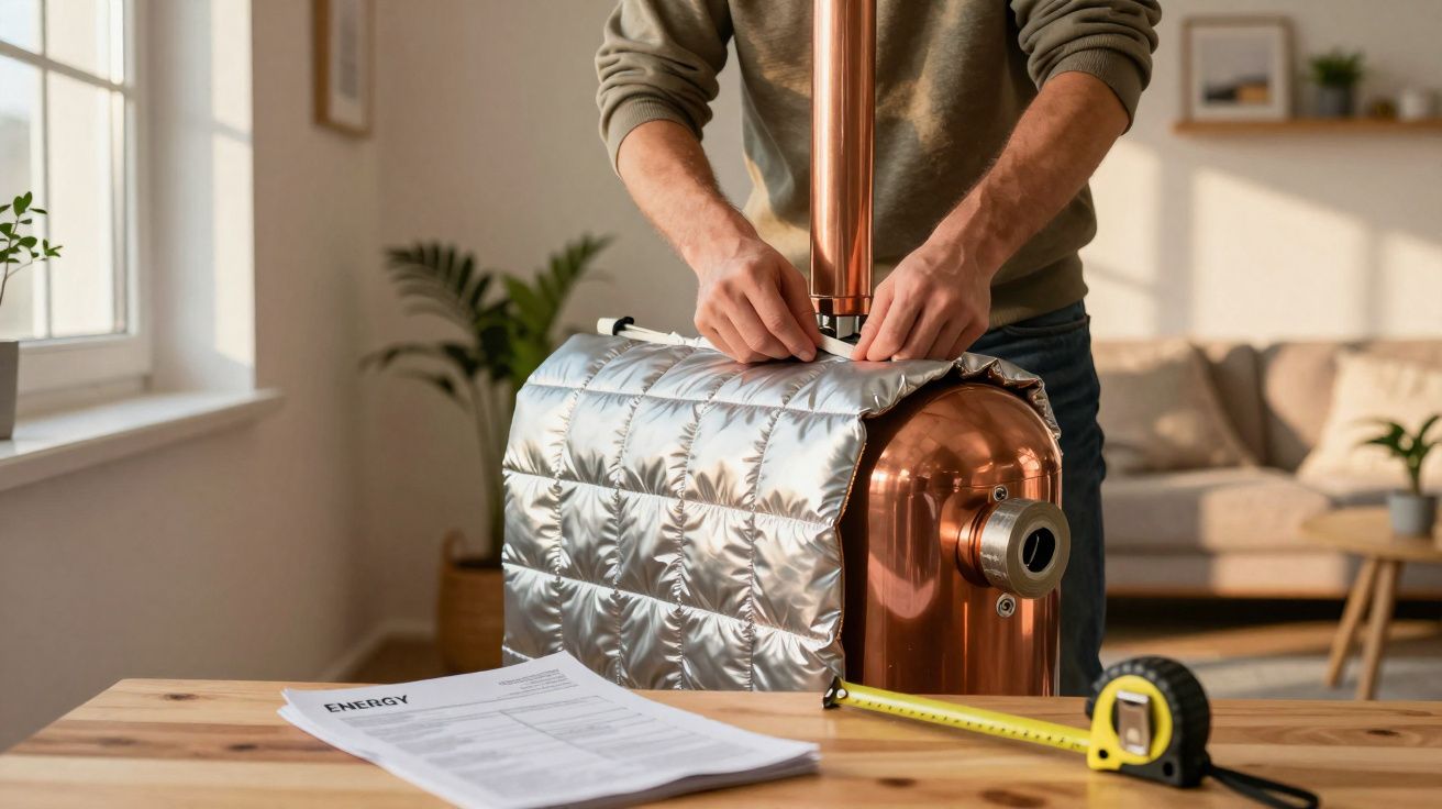 Pessoa instalando isolamento térmico em aquecedor de água de cobre, em ambiente interno iluminado.
