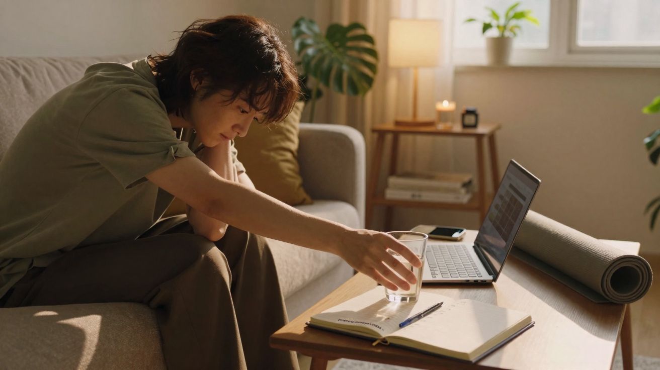 Pessoa sentada no sofá pegando um copo d'água ao lado de laptop e caderno em mesa de centro iluminada.