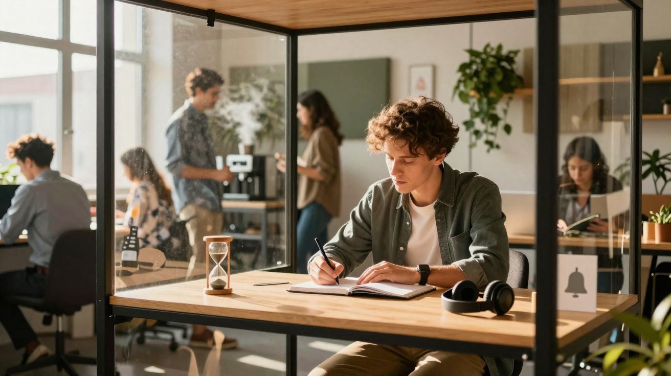 Jovem concentrado escrevendo em caderno dentro de cubículo em escritório moderno com outras pessoas ao fundo.