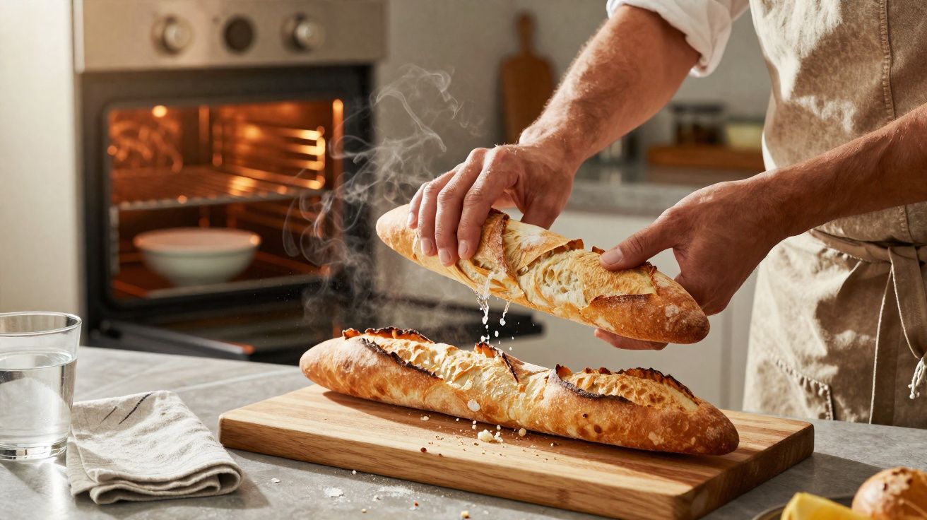 Pessoa segurando pão francês quente sobre tábua na cozinha, com forno e vapor visíveis ao fundo.