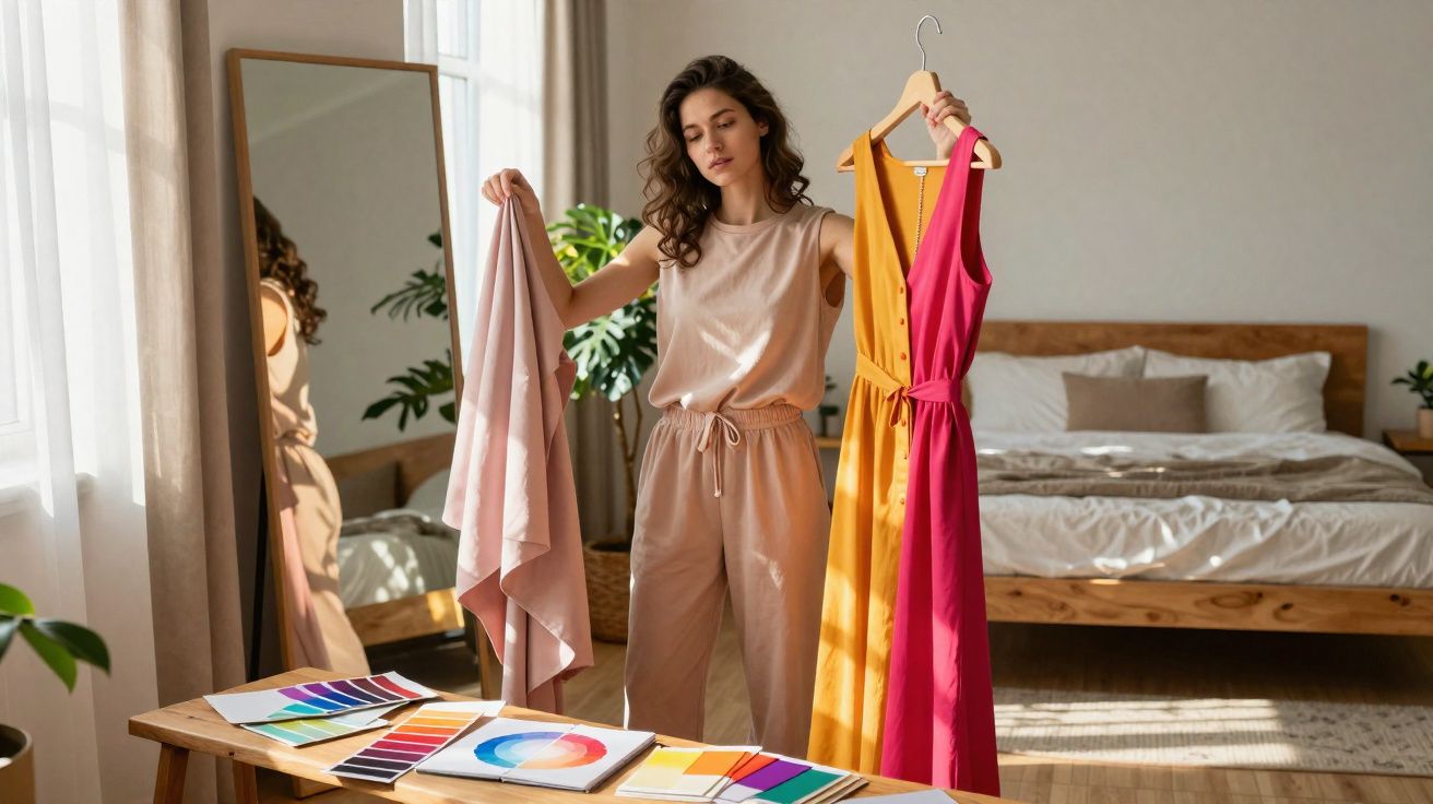 Mulher escolhendo entre duas roupas coloridas em quarto com camas e amostras de cores sobre mesa.