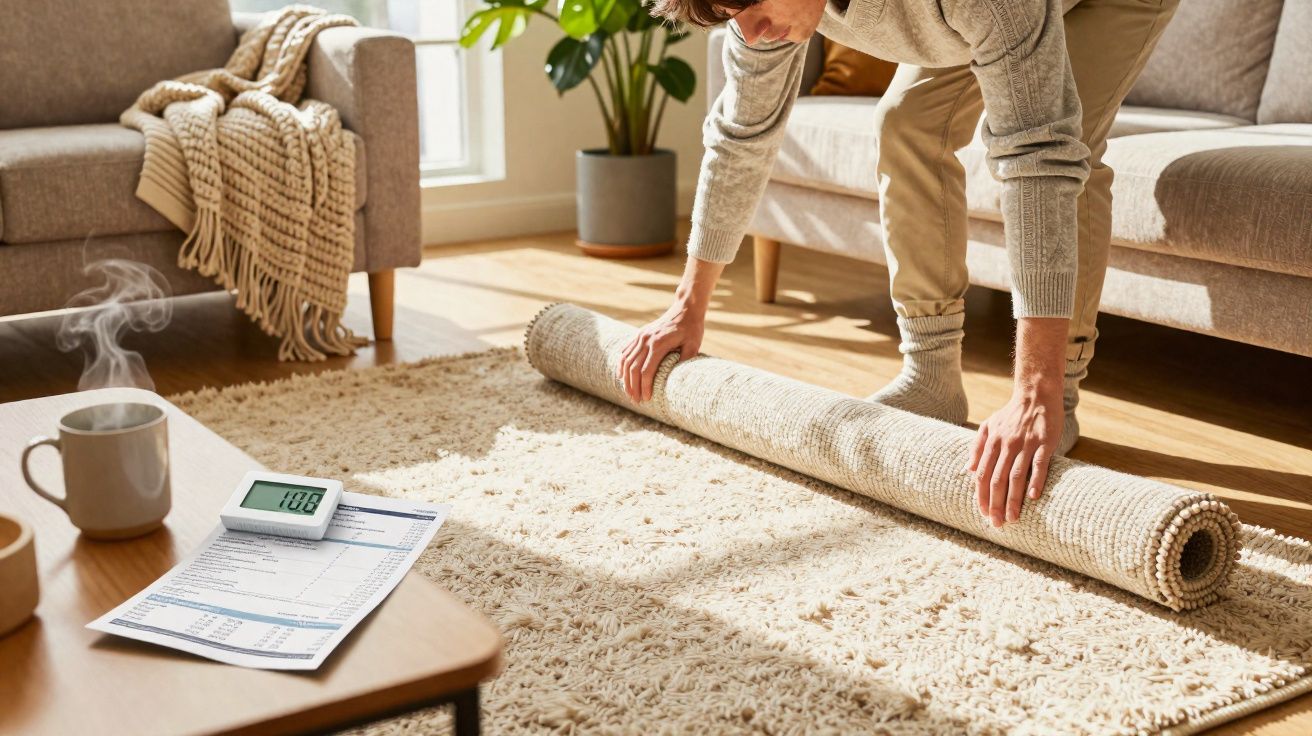 Pessoa enrolando tapete bege em sala com sofá, planta e conta de energia sobre mesa com café quente.