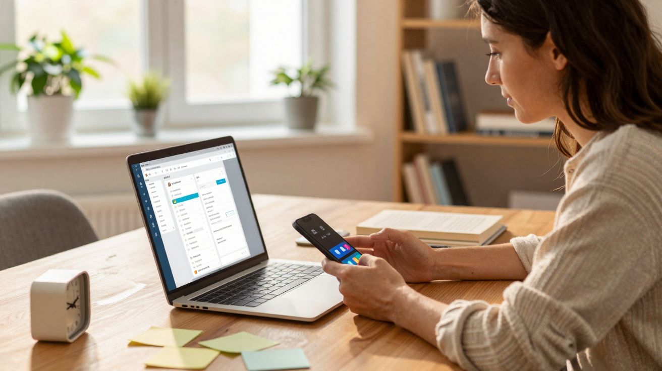 Mulher trabalhando em laptop e usando celular em mesa com cadernos e plantas ao fundo.