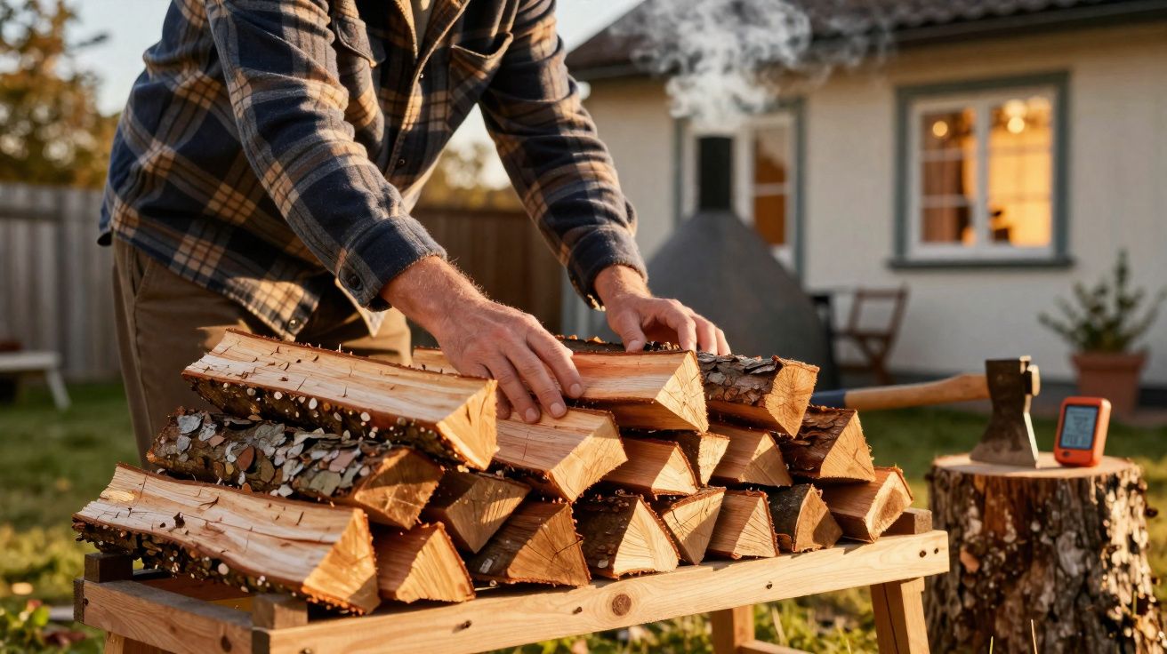 Pessoa organizando lenha em formato de triângulo sobre mesa de madeira ao ar livre, com machado e fumaça ao fundo.