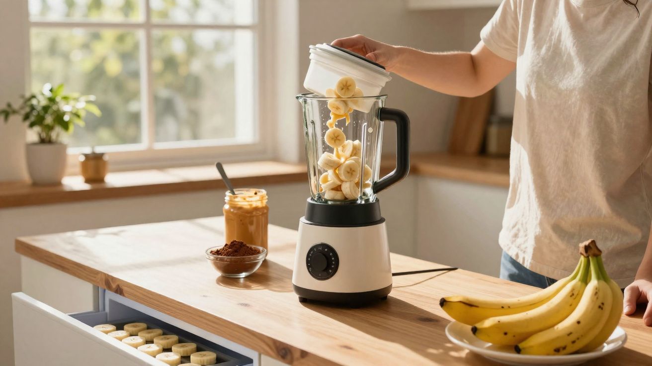 Pessoa colocando fatias de banana em liquidificador branco sobre bancada de cozinha iluminada pela luz natural