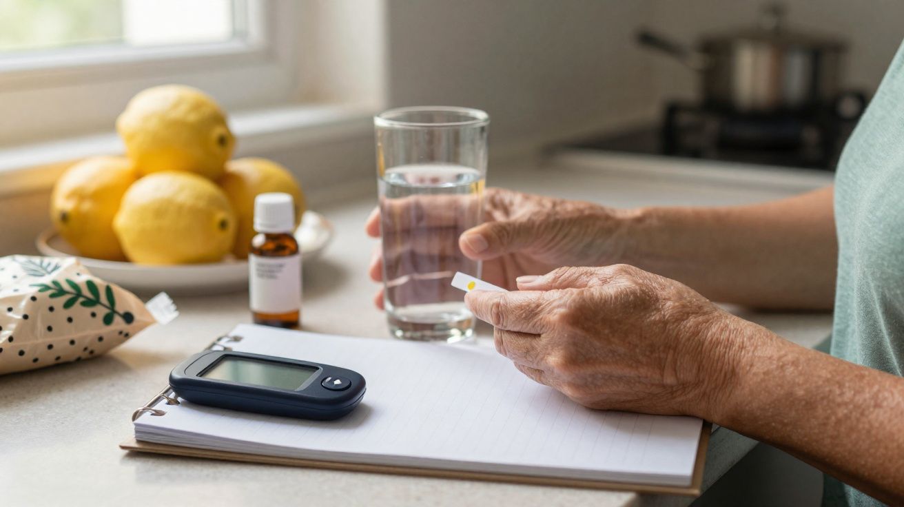 Pessoa segurando tira de teste de glicose com monitor, copo d'água e limões sobre mesa na cozinha.