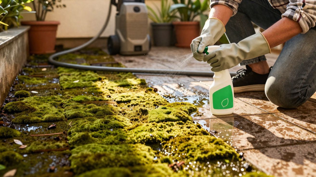 Pessoa aplicando produto para remoção de musgo em piso externo com luvas e mangueira ao fundo.