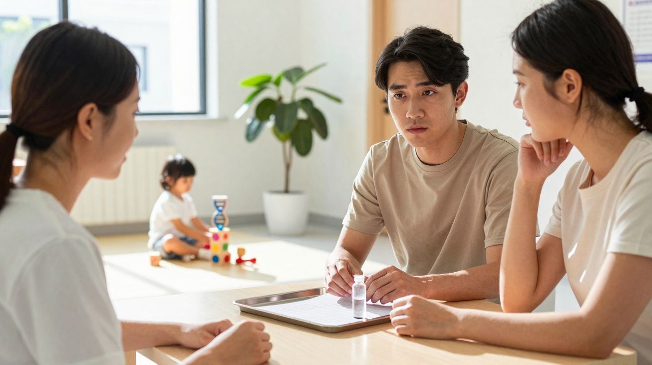 Jovem casal preocupado em consulta com profissional de saúde, criança brinca ao fundo em ambiente iluminado.