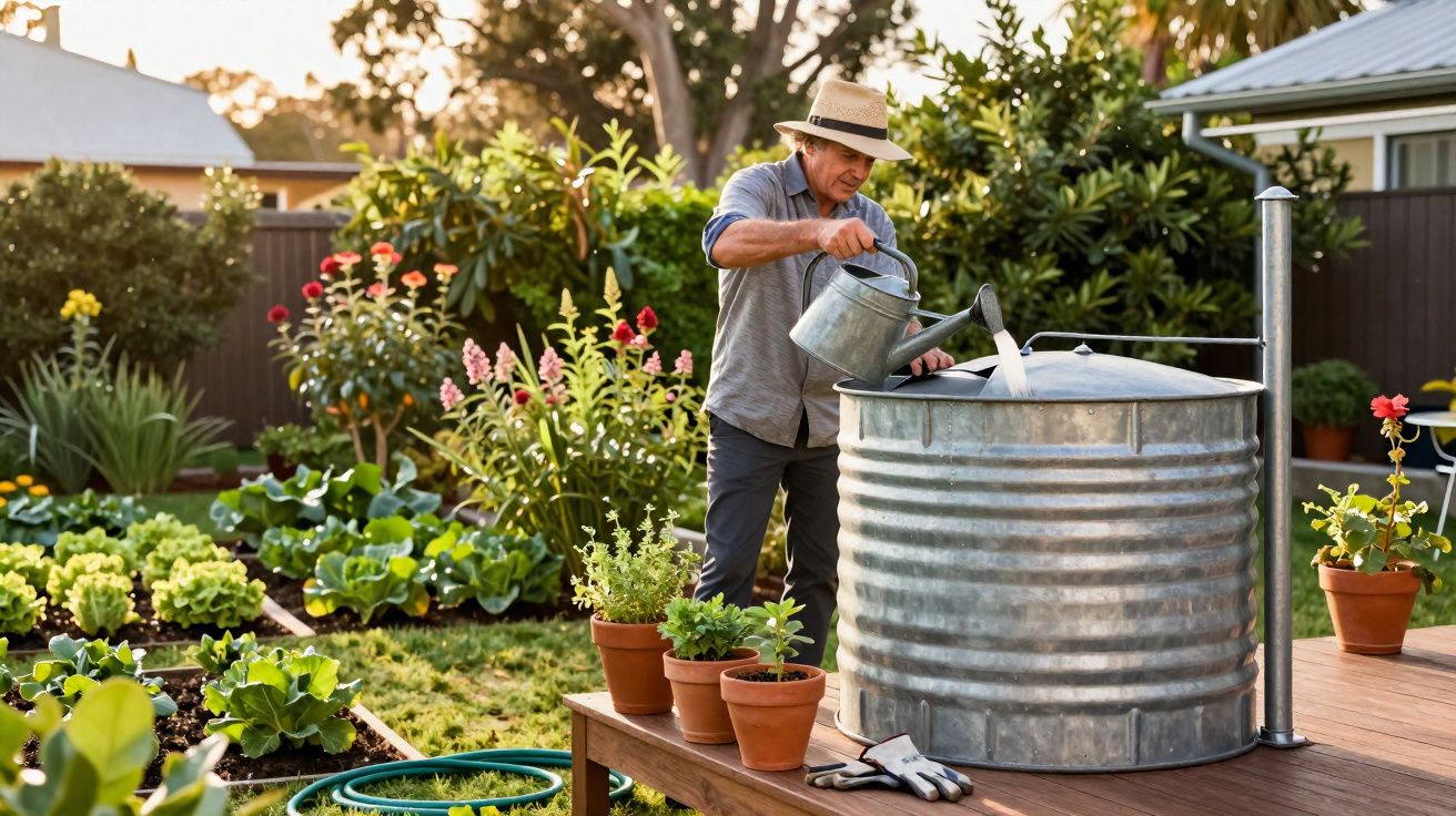 Homem regando plantas em jardim com regador e tanque de coleta de água da chuva.